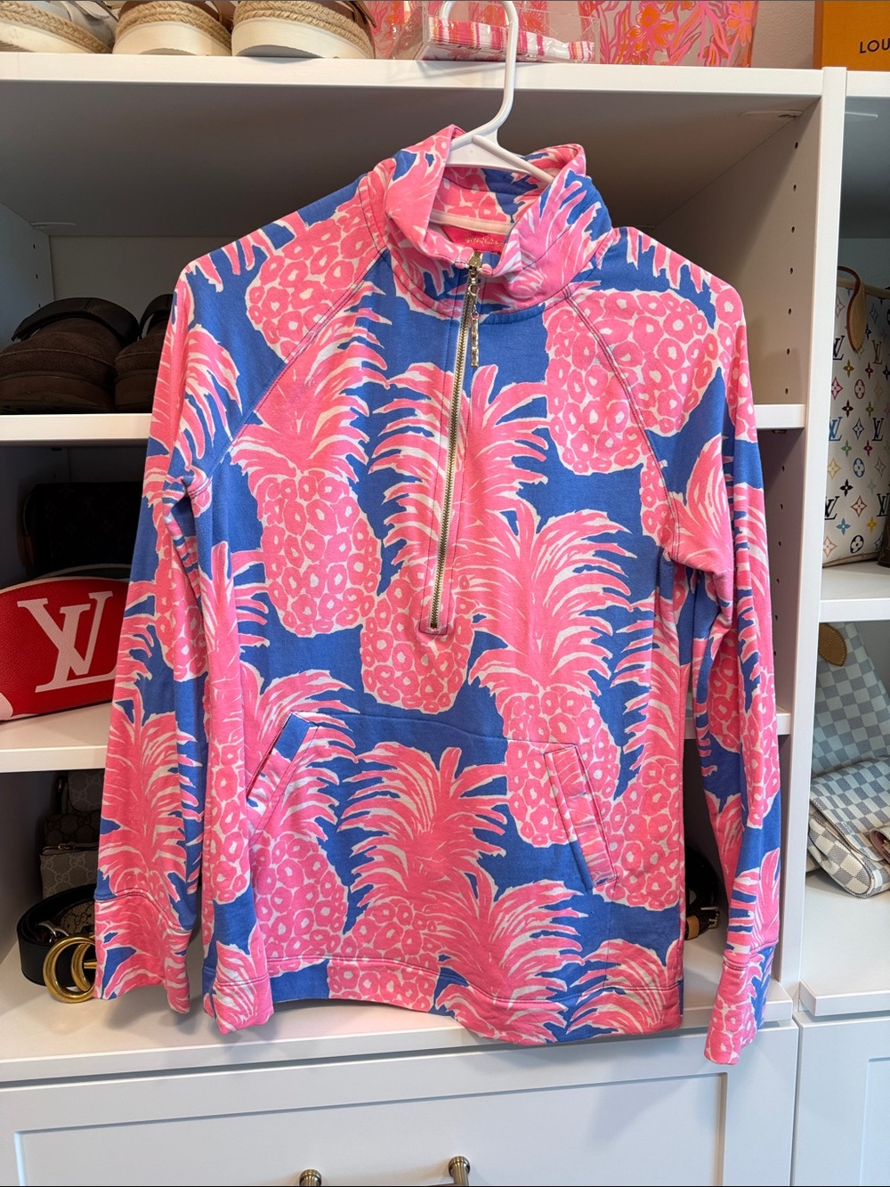 Lilly Pulitzer Pink and Blue Pineapple Half-Zip Pullover
